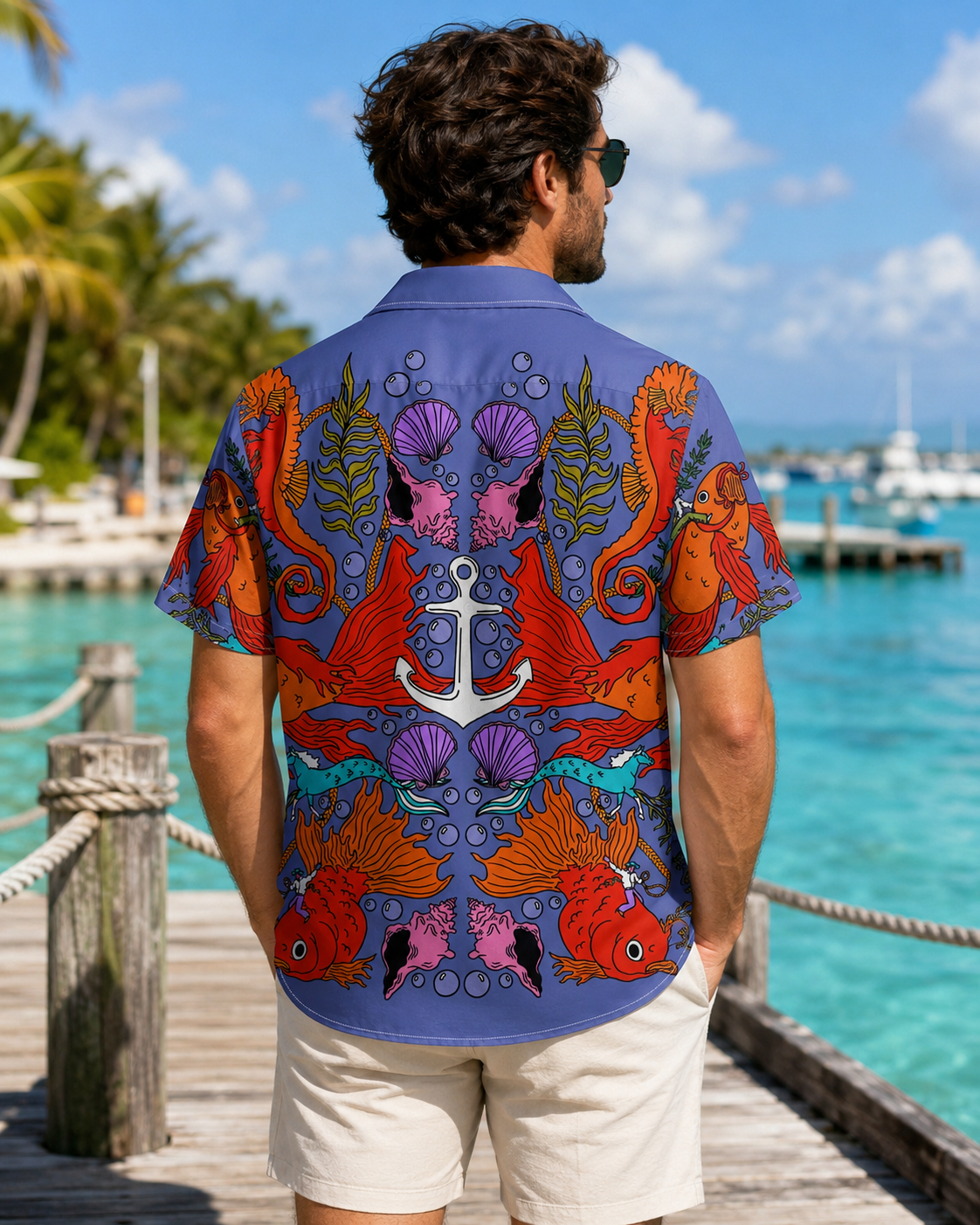 Anchor Seahorse Goldfish Ocean Men's Hawaiian Shirt
