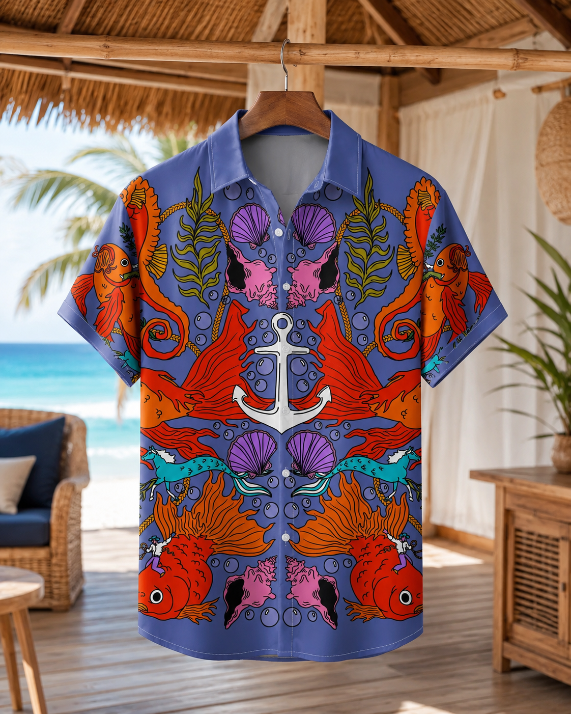 Anchor Seahorse Goldfish Ocean Men's Hawaiian Shirt
