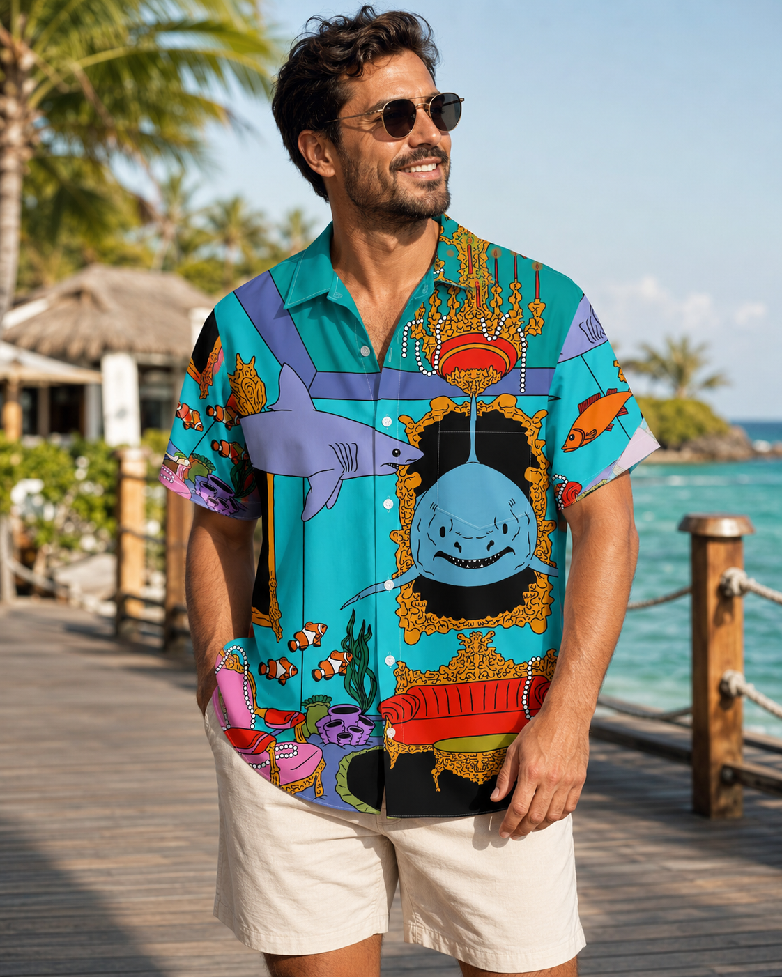Cartoon Shark Clownfish Royal Room Men's Hawaiian Shirt