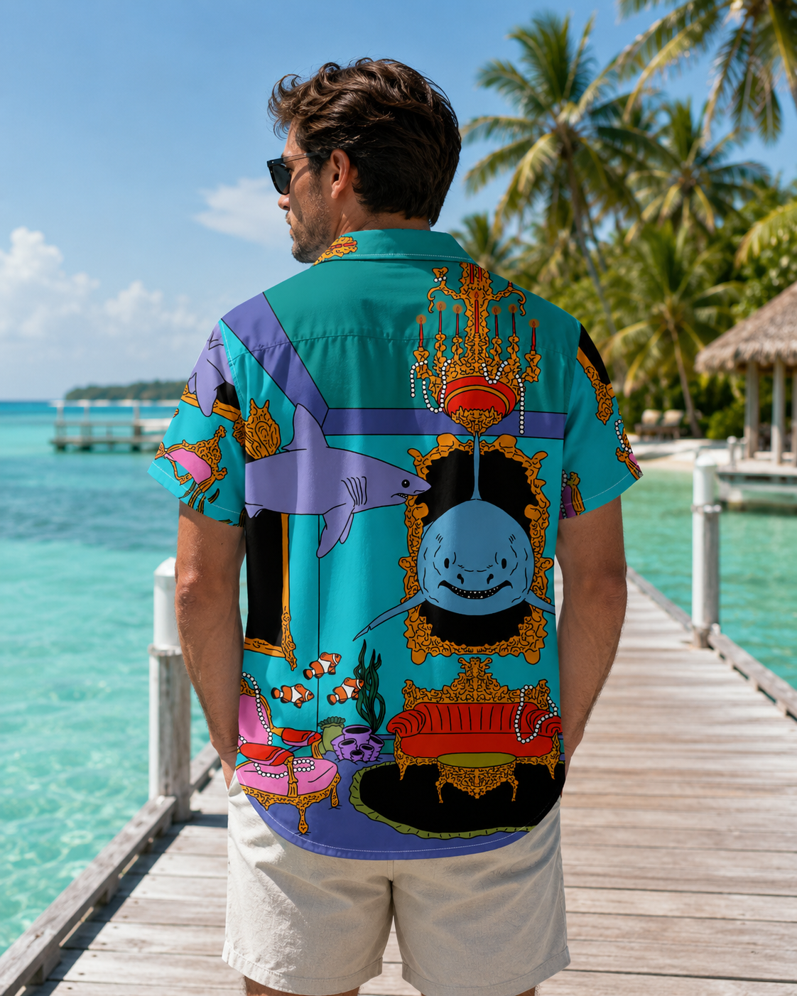 Cartoon Shark Clownfish Royal Room Men's Hawaiian Shirt