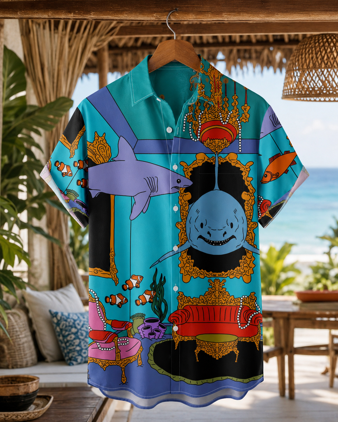 Cartoon Shark Clownfish Royal Room Men's Hawaiian Shirt