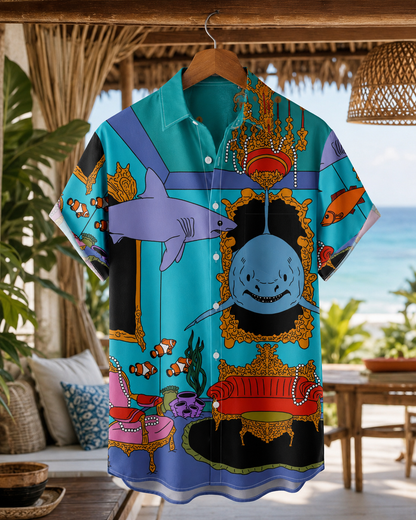 Cartoon Shark Clownfish Royal Room Men's Hawaiian Shirt