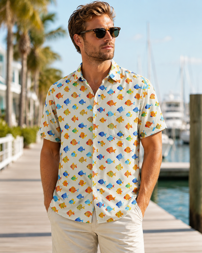 Men's Colorful Cartoon Fish Cream Hawaiian Shirt