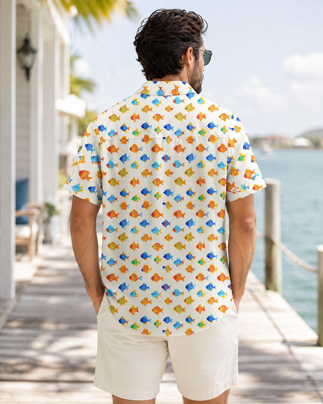 Men's Colorful Cartoon Fish Cream Hawaiian Shirt
