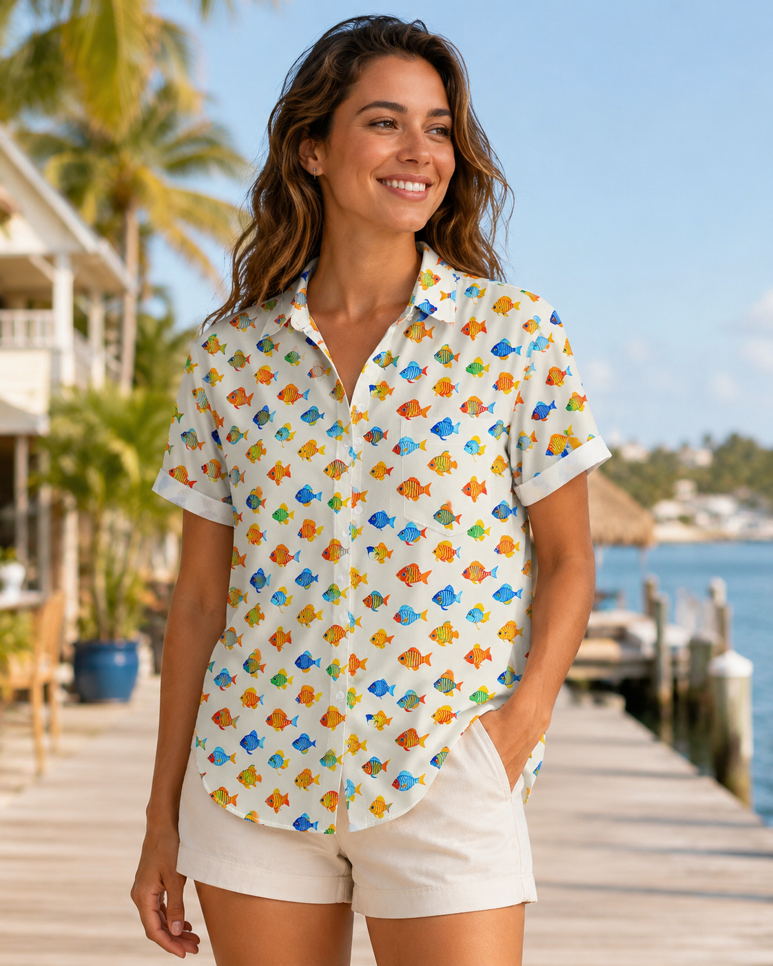 Men's Colorful Cartoon Fish Cream Hawaiian Shirt
