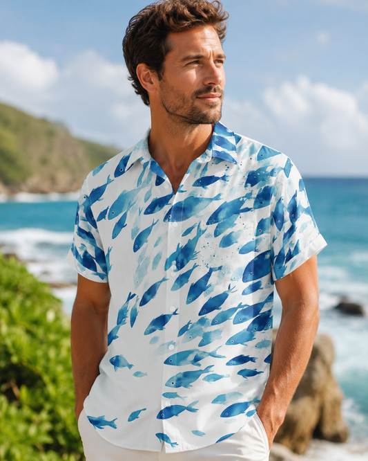 Men's Watercolor Fish Hawaiian Shirt | Short Sleeve Beach Shirt