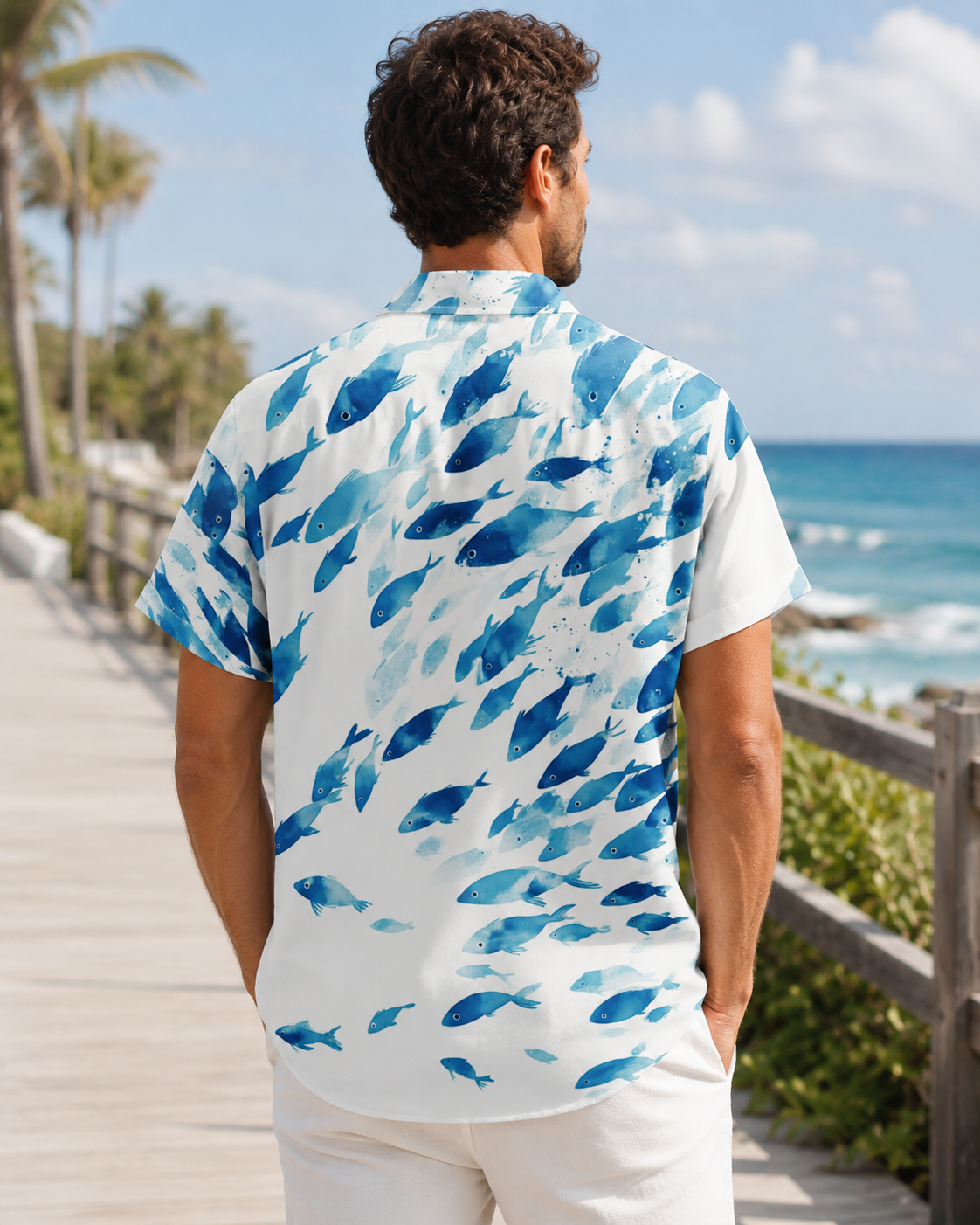 Men's Watercolor Fish Hawaiian Shirt | Short Sleeve Beach Shirt
