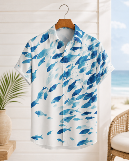 Men's Watercolor Fish Hawaiian Shirt | Short Sleeve Beach Shirt