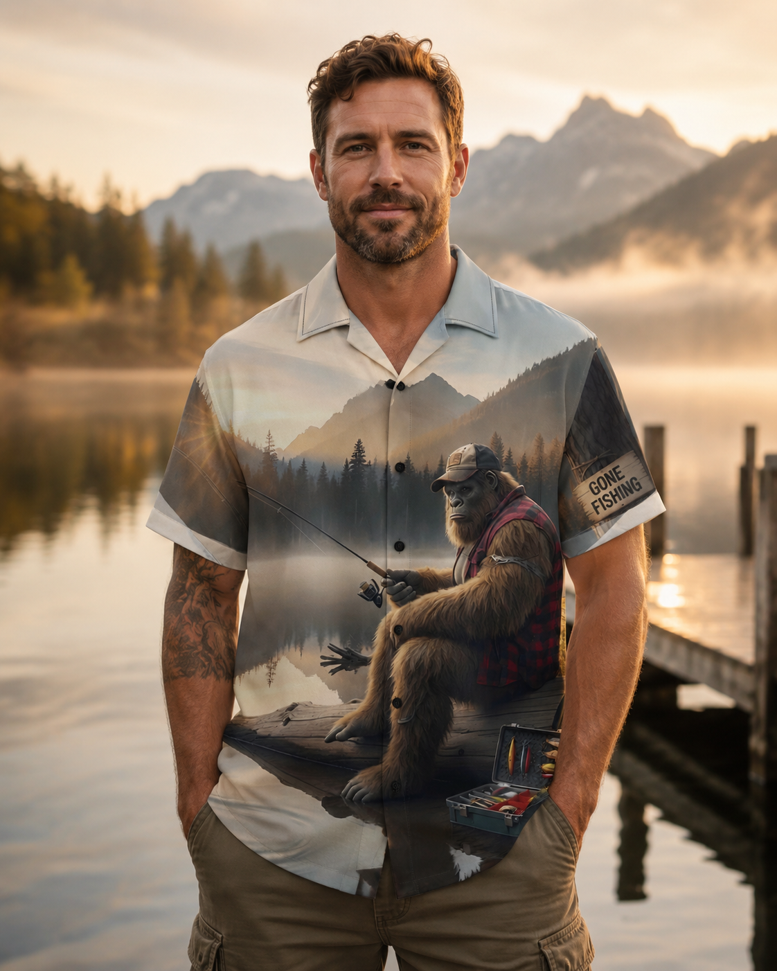 Men's Bigfoot Gone Fishing Lake Shirt | Short Sleeve Shirt