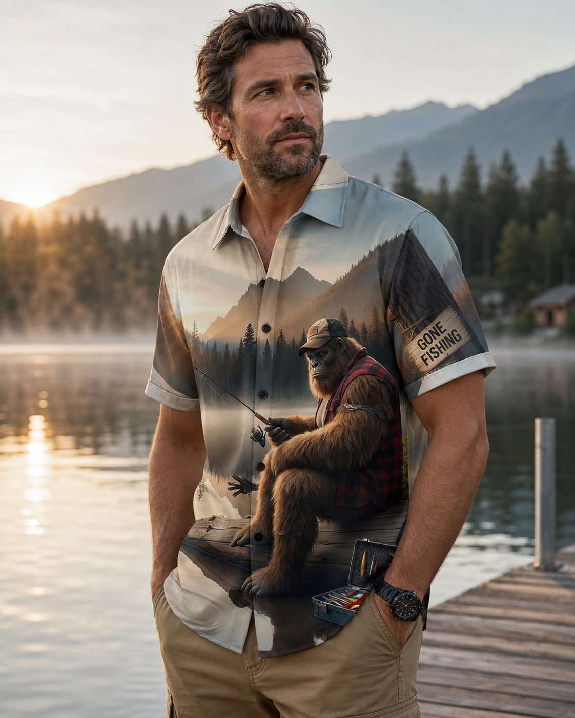 Men's Bigfoot Gone Fishing Lake Shirt | Short Sleeve Shirt