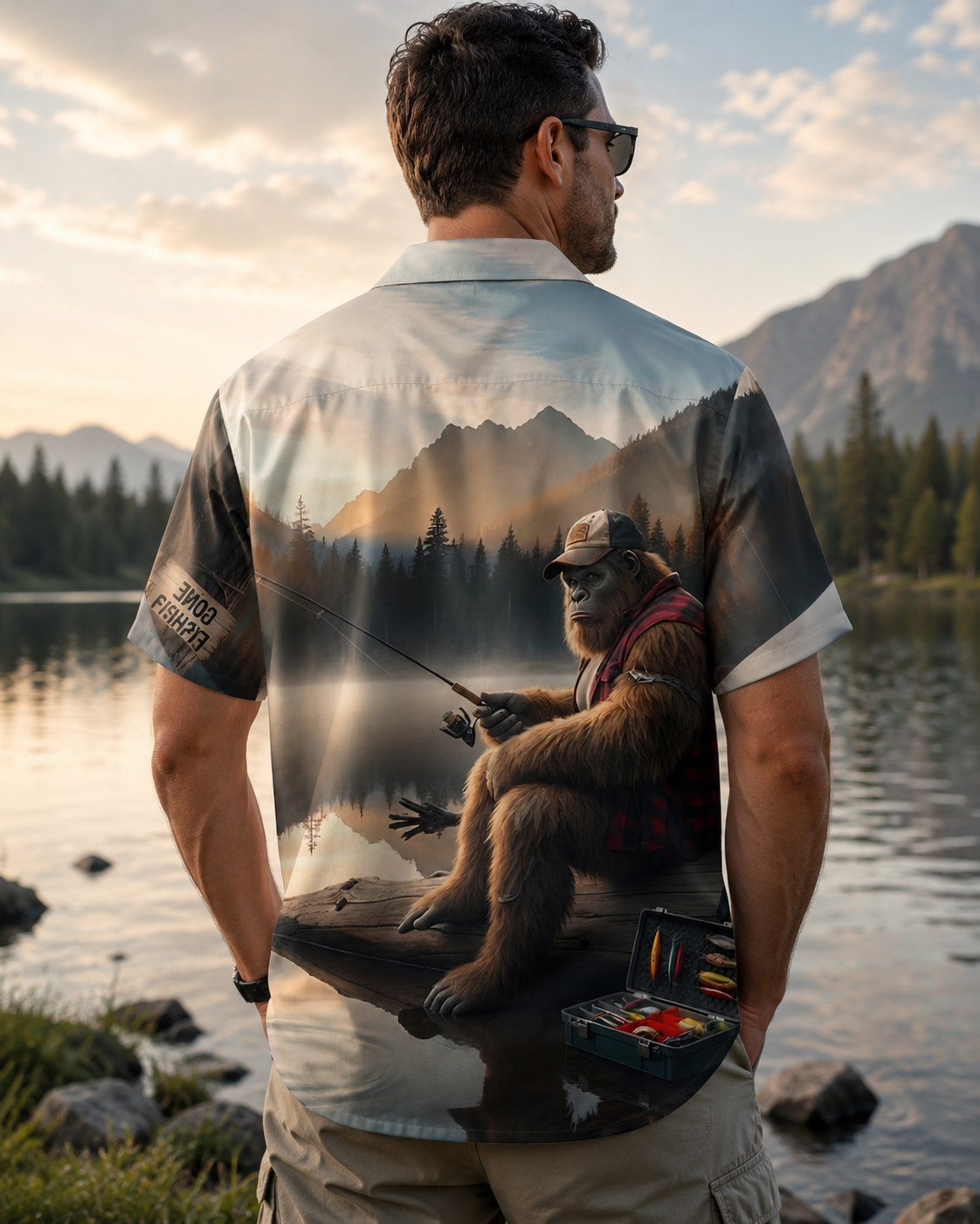 Men's Bigfoot Gone Fishing Lake Shirt | Short Sleeve Shirt