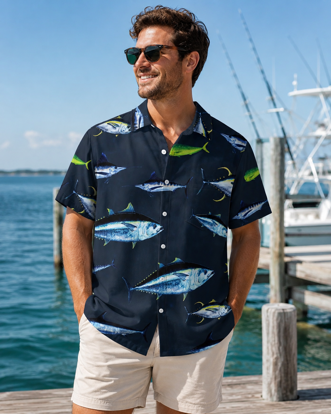 Men's Tuna Fish Print Hawaiian Shirt Short Sleeve Button Up