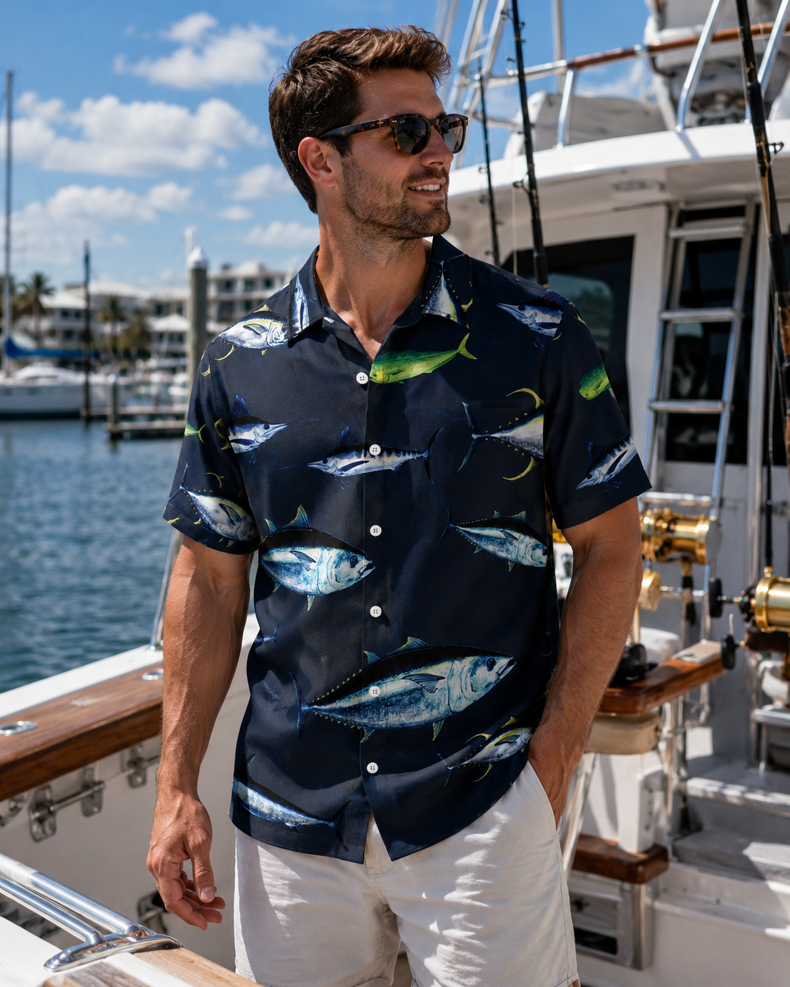 Men's Tuna Fish Print Hawaiian Shirt Short Sleeve Button Up