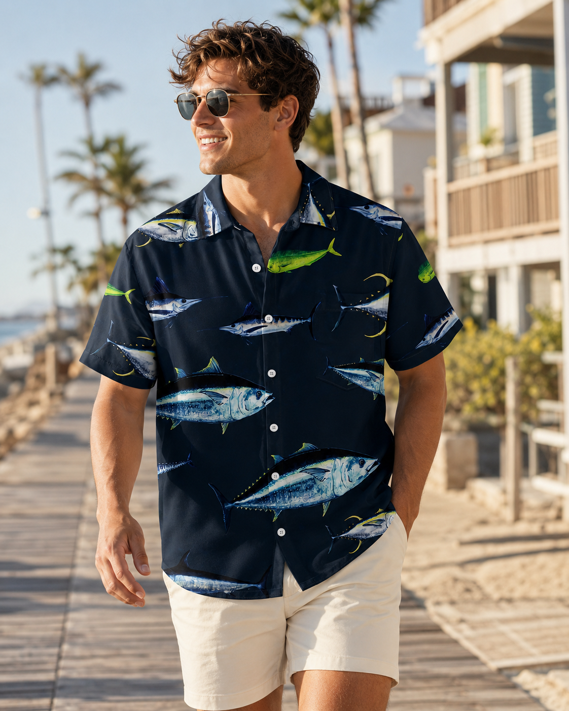 Men's Tuna Fish Print Hawaiian Shirt Short Sleeve Button Up