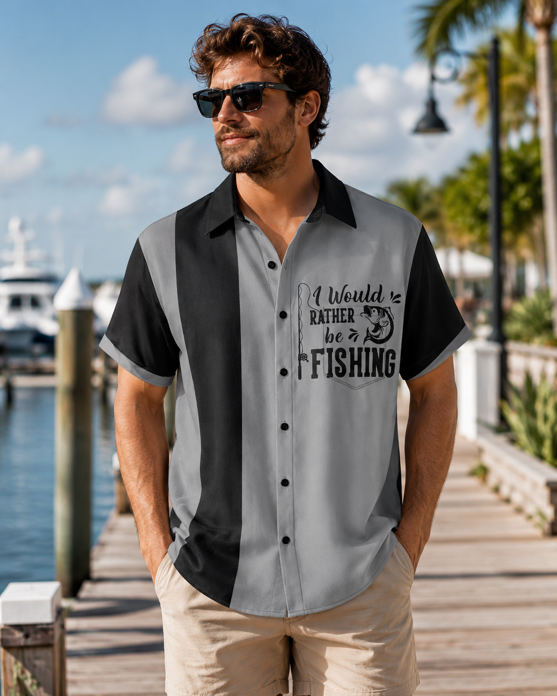 Men's I Would Rather Be Fishing Gray Black Shirt