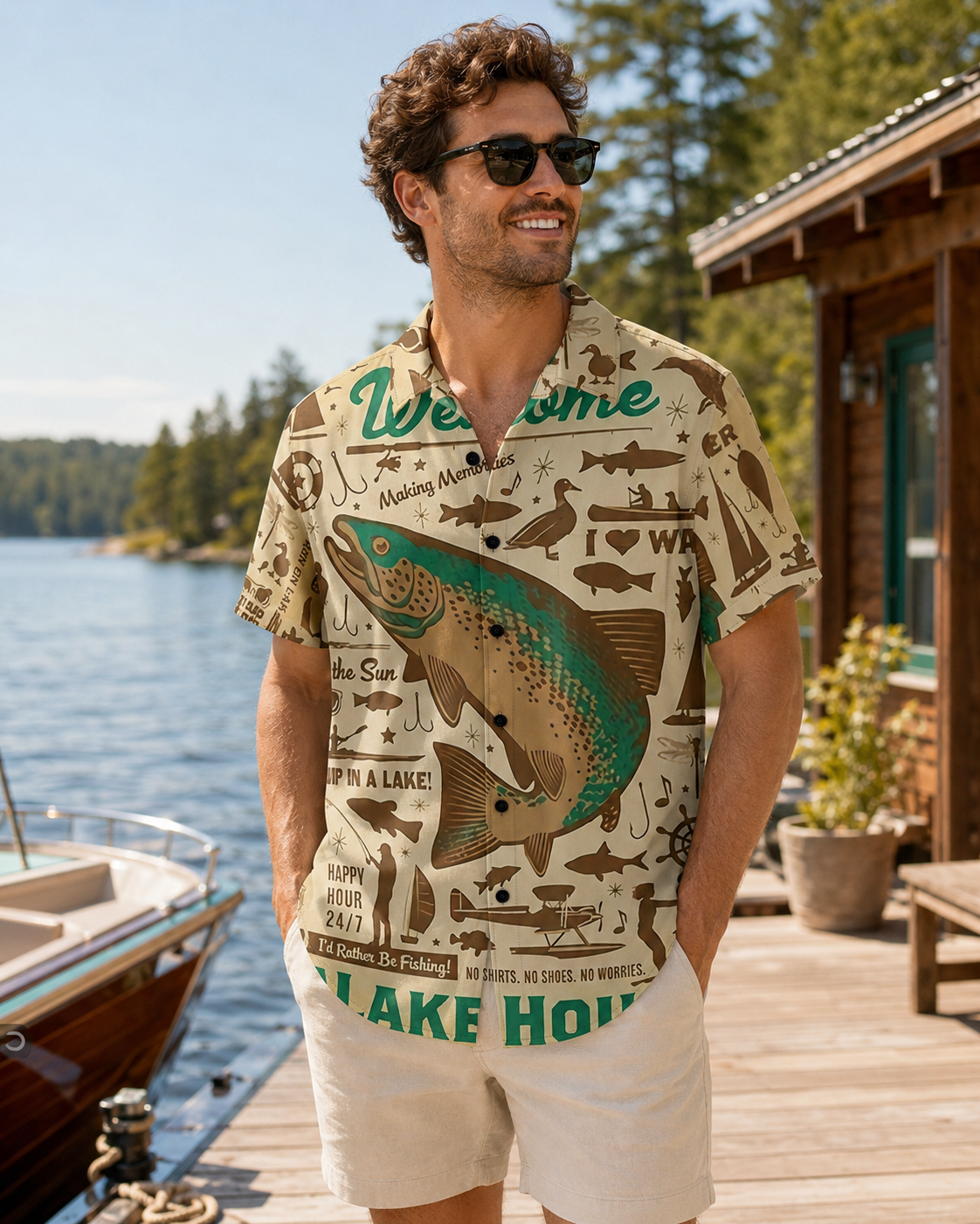 Men's Lake House Vintage Fishing Hawaiian Shirt Short Sleeve