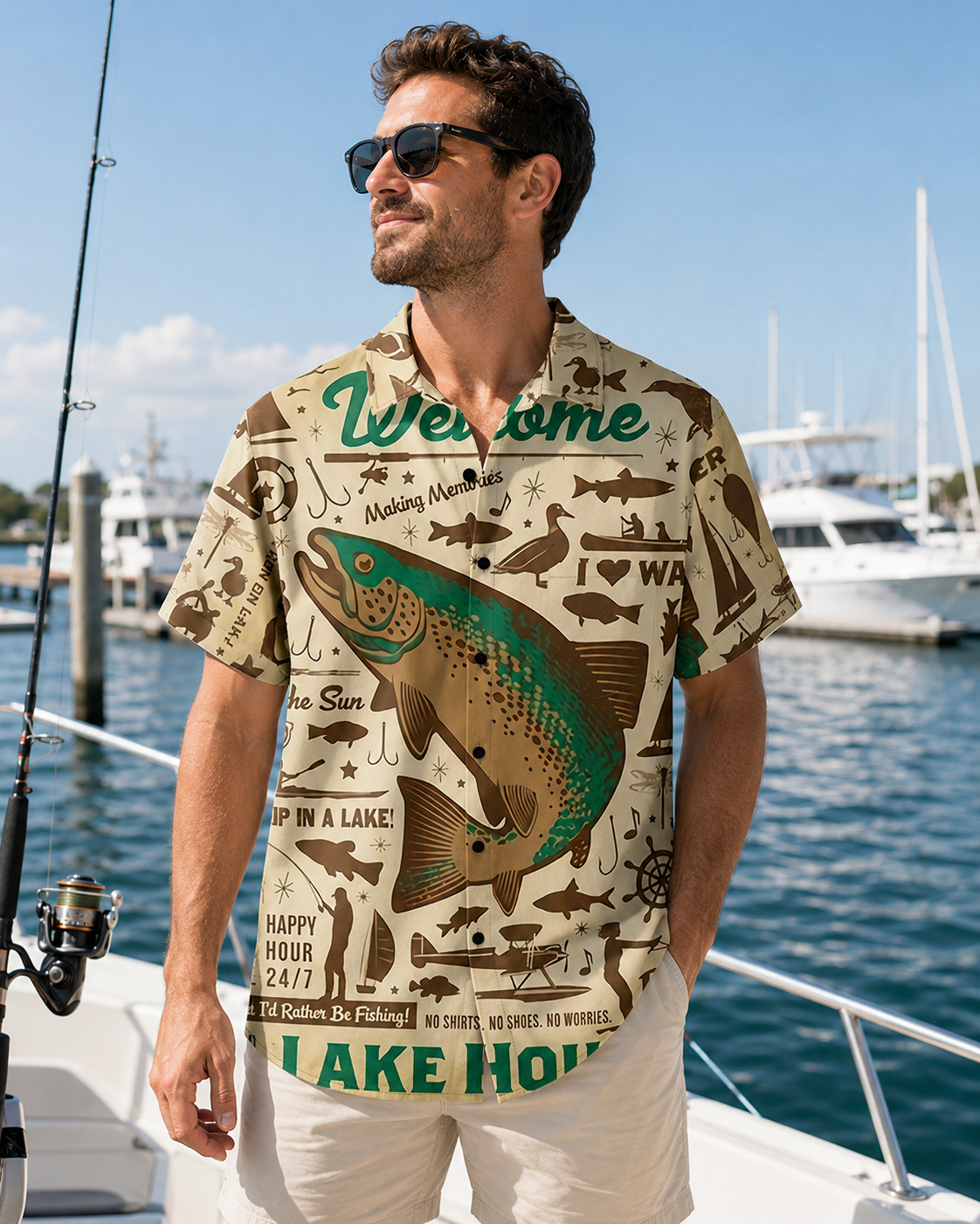 Men's Lake House Vintage Fishing Hawaiian Shirt Short Sleeve