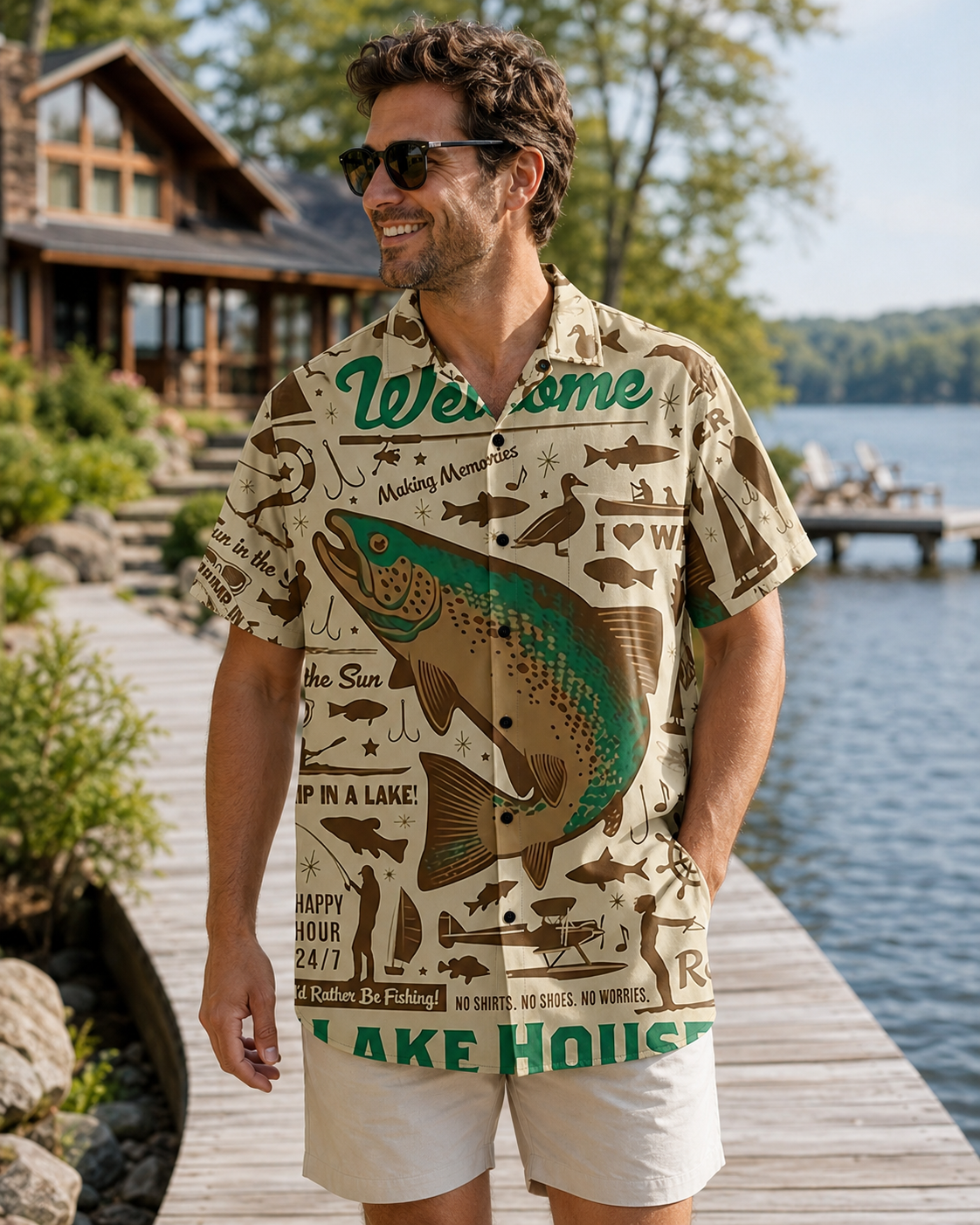 Men's Lake House Vintage Fishing Hawaiian Shirt Short Sleeve