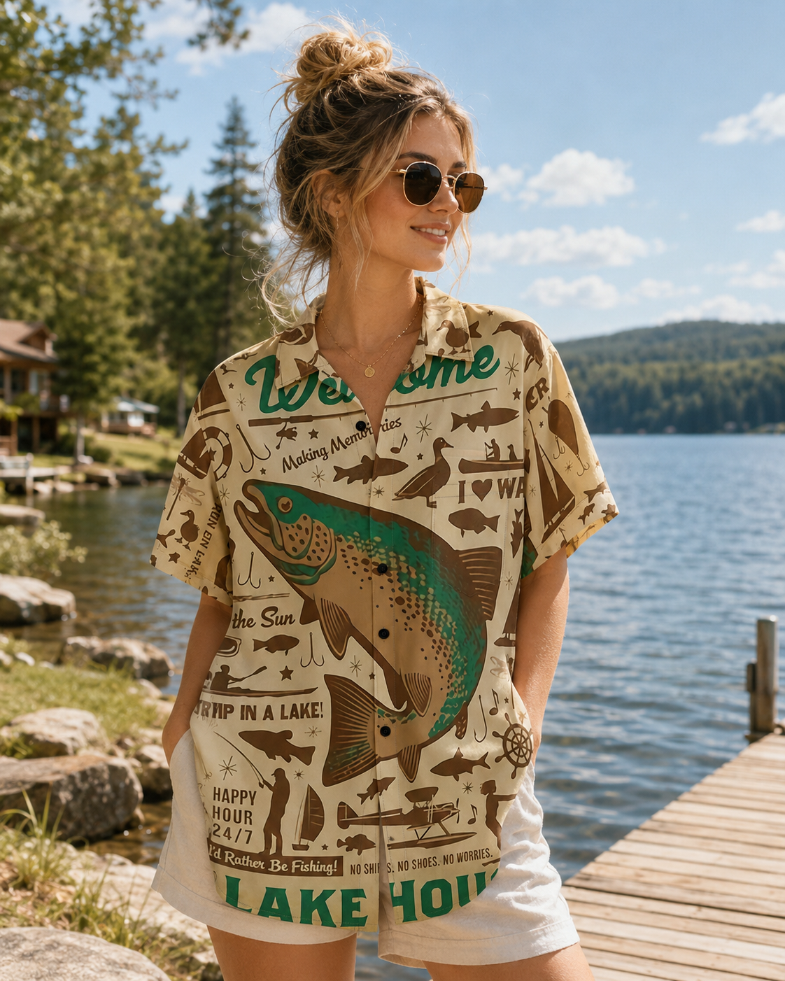 Men's Lake House Vintage Fishing Hawaiian Shirt Short Sleeve