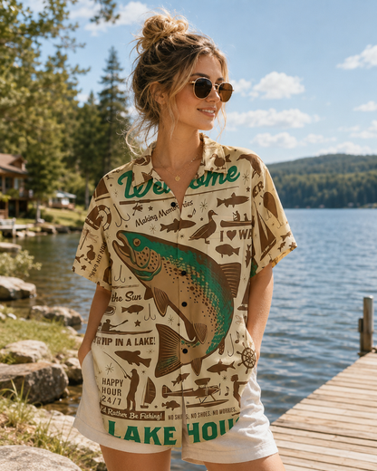 Men's Lake House Vintage Fishing Hawaiian Shirt Short Sleeve