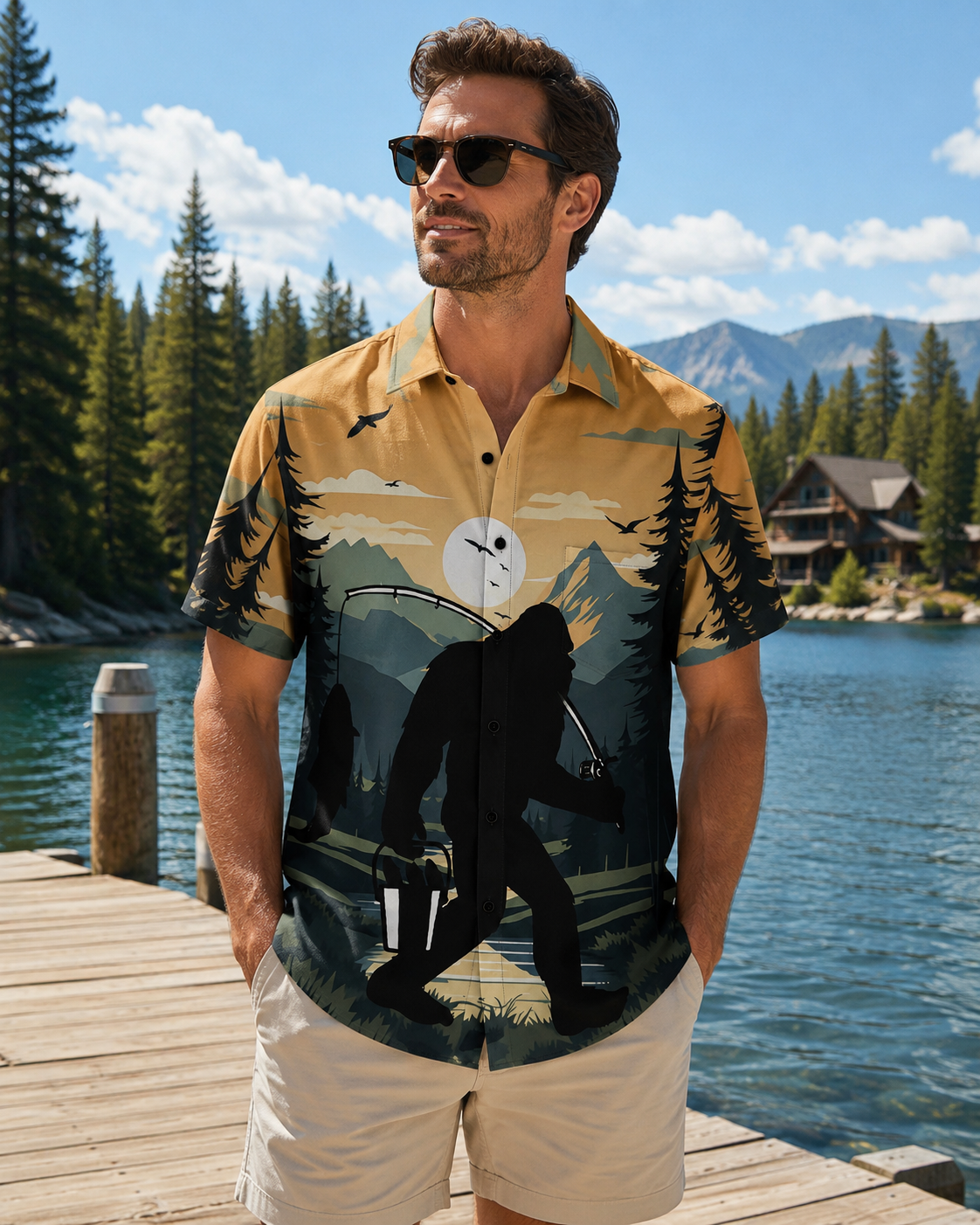Men's Bigfoot Fishing Hawaiian Shirt Short Sleeve Button Up