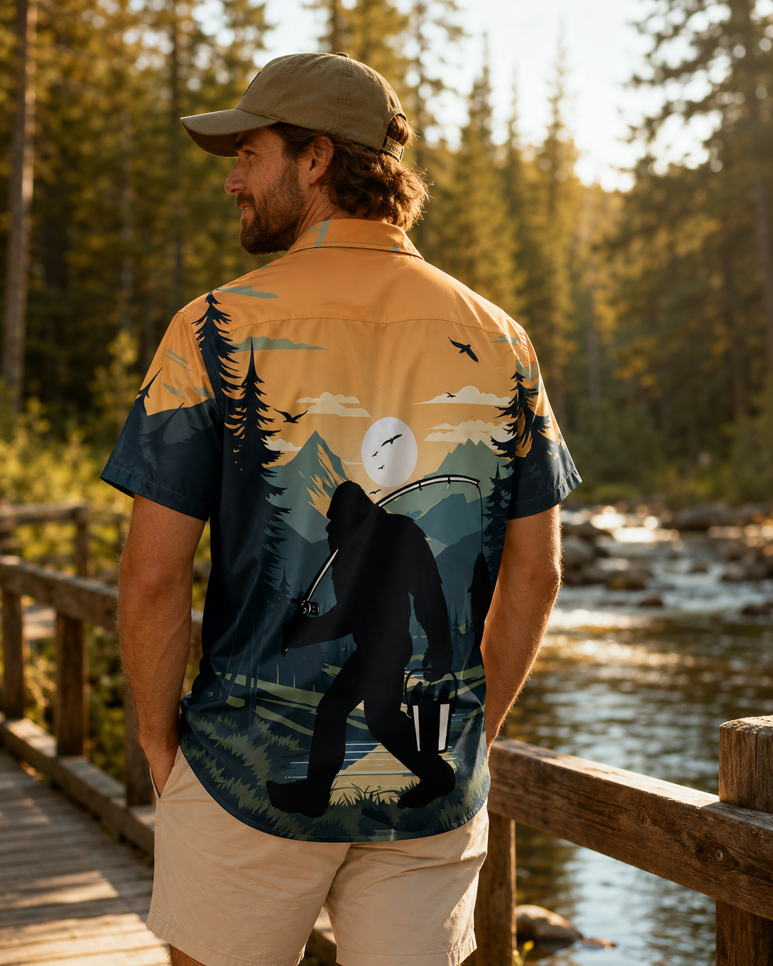 Men's Bigfoot Fishing Hawaiian Shirt Short Sleeve Button Up