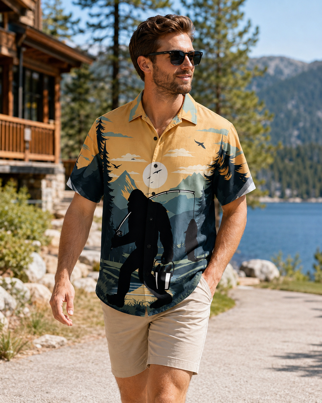 Men's Bigfoot Fishing Hawaiian Shirt Short Sleeve Button Up