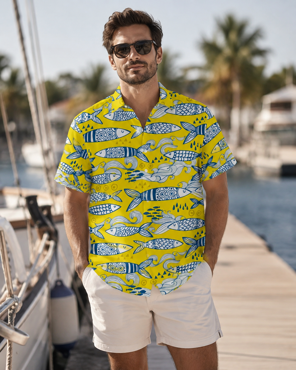 Men's Doodle Art Fish Pattern Yellow Hawaiian Shirt