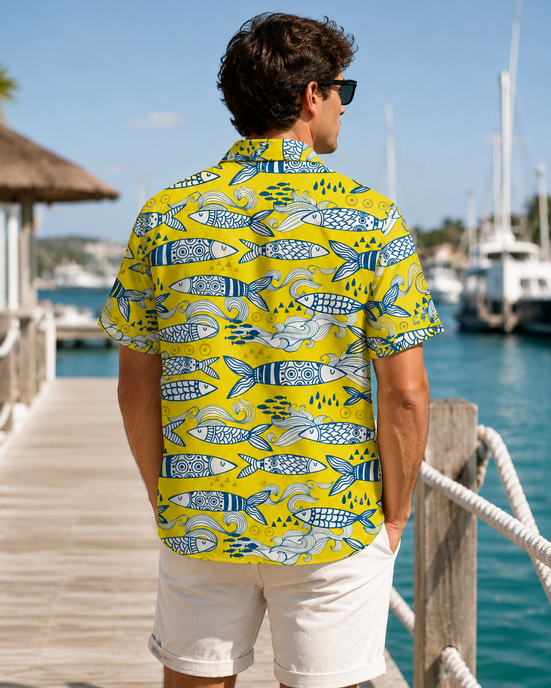 Men's Doodle Art Fish Pattern Yellow Hawaiian Shirt