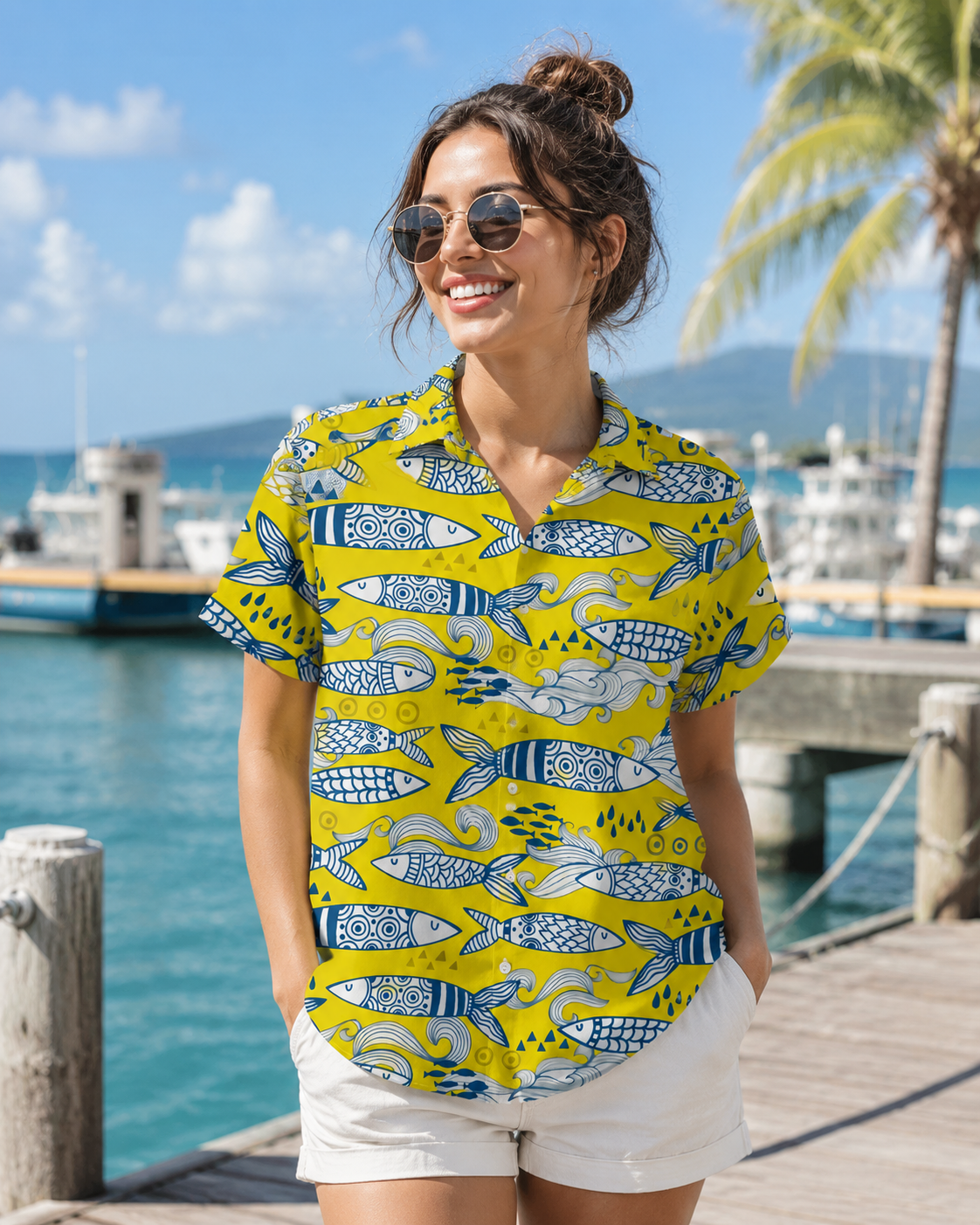 Men's Doodle Art Fish Pattern Yellow Hawaiian Shirt
