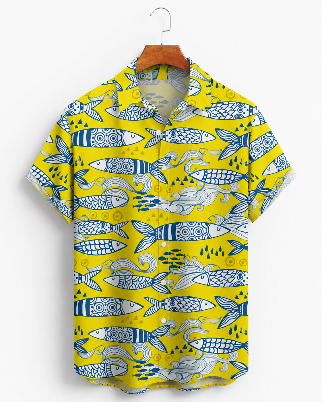 Men's Doodle Art Fish Pattern Yellow Hawaiian Shirt