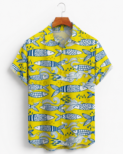 Men's Doodle Art Fish Pattern Yellow Hawaiian Shirt