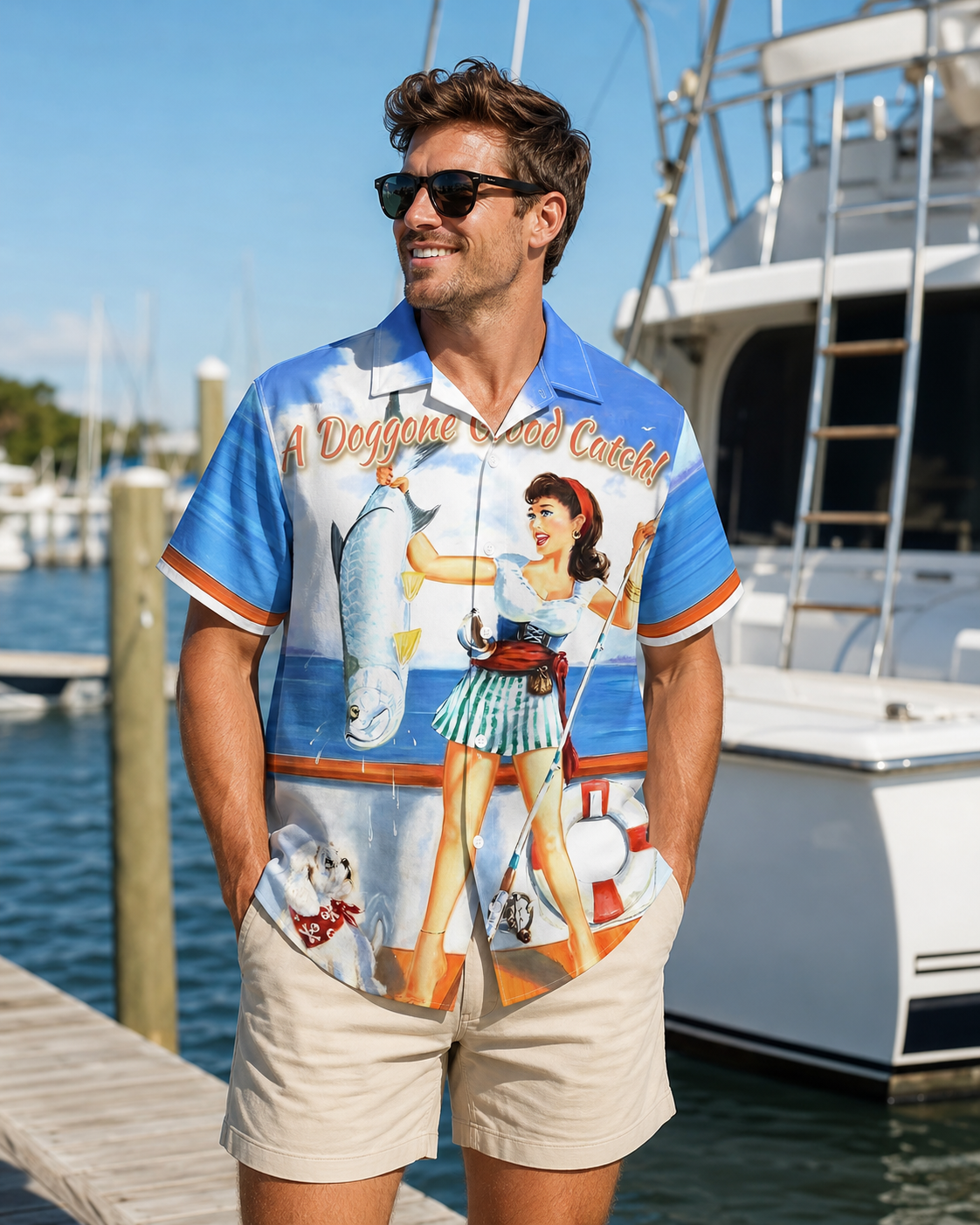 Men's Vintage Pin-Up Fishing Hawaiian Shirt Short Sleeve