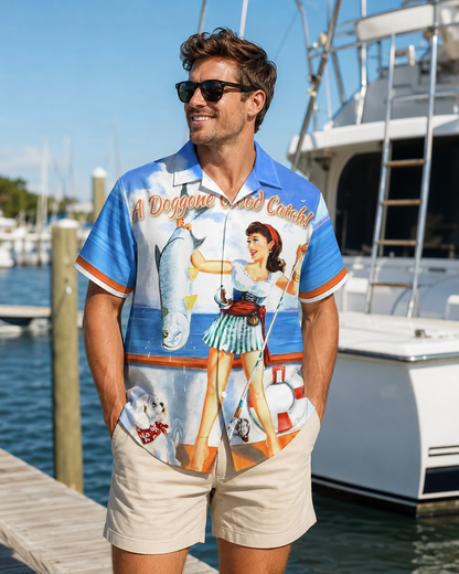 Men's Vintage Pin-Up Fishing Hawaiian Shirt Short Sleeve
