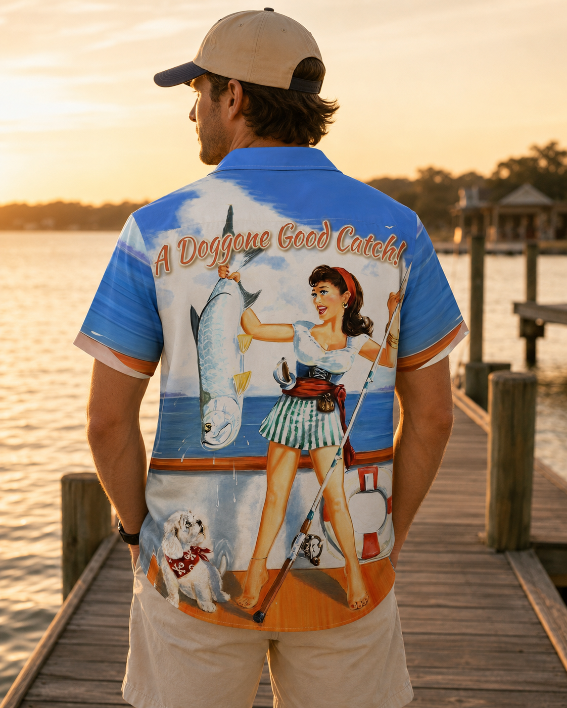 Men's Vintage Pin-Up Fishing Hawaiian Shirt Short Sleeve