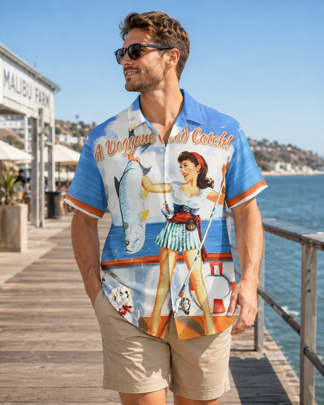 Men's Vintage Pin-Up Fishing Hawaiian Shirt Short Sleeve