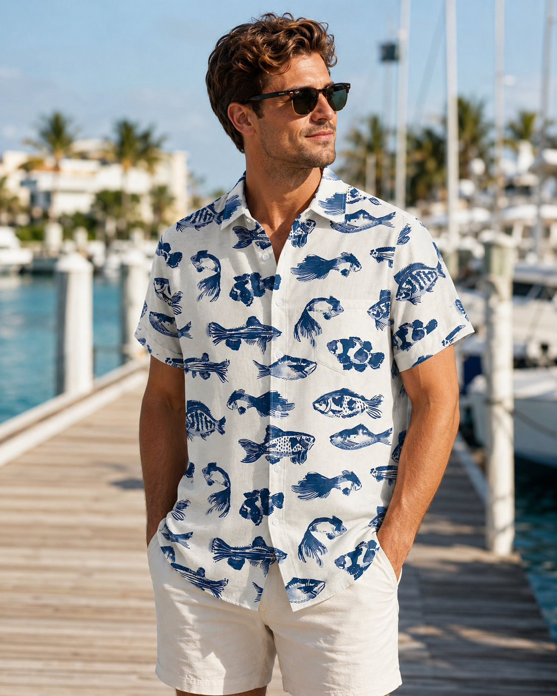 Men's Navy Blue Ink Brush Fish White Hawaiian Shirt