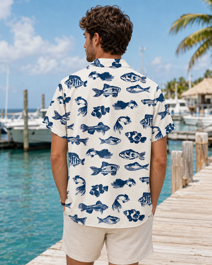 Men's Navy Blue Ink Brush Fish White Hawaiian Shirt