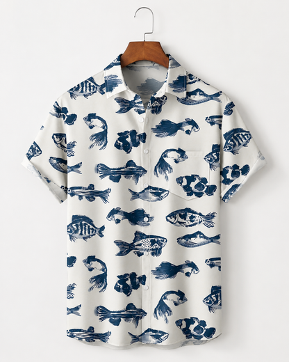 Men's Navy Blue Ink Brush Fish White Hawaiian Shirt