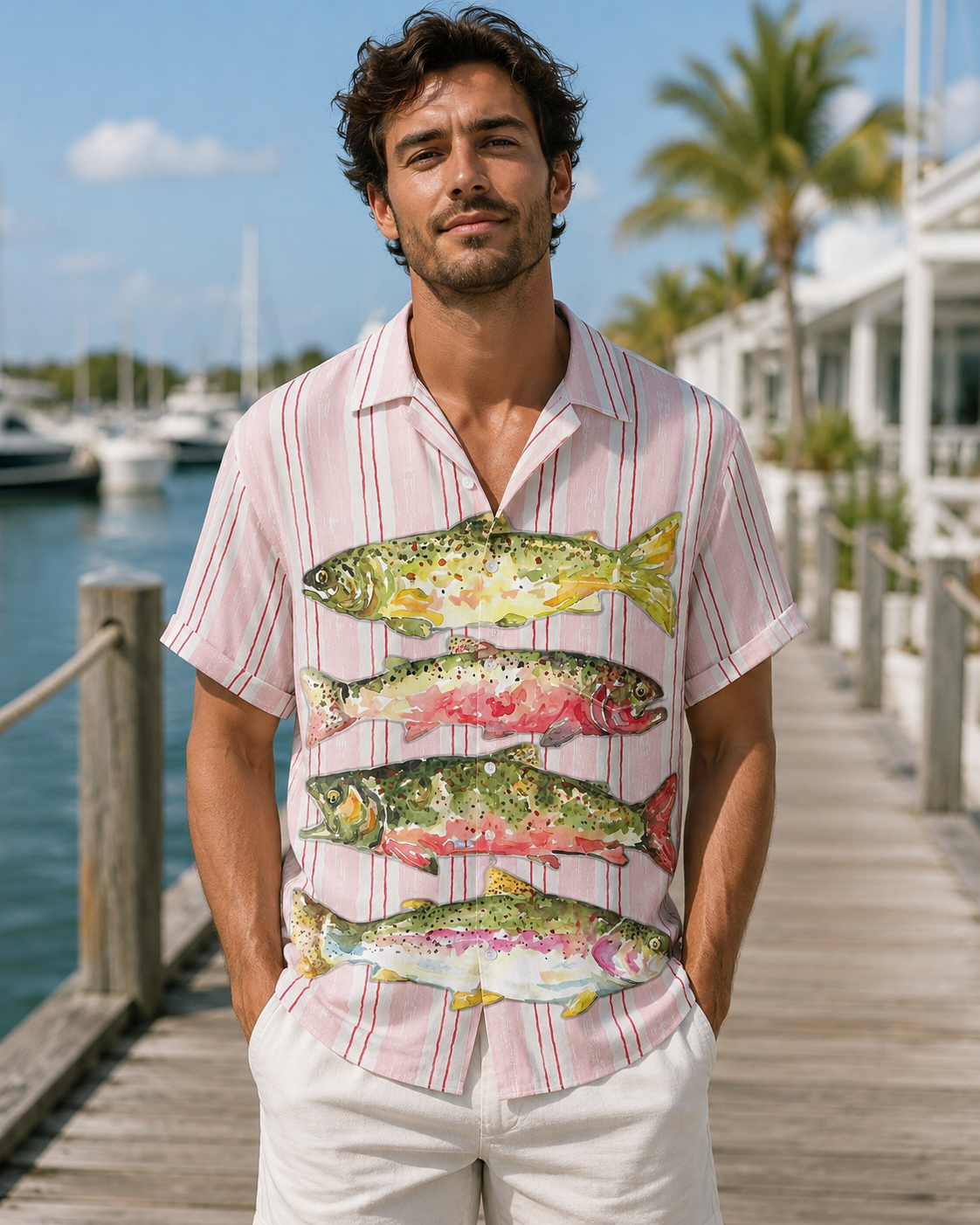 Watercolor Rainbow Trout Stripe Men's Hawaiian Shirt