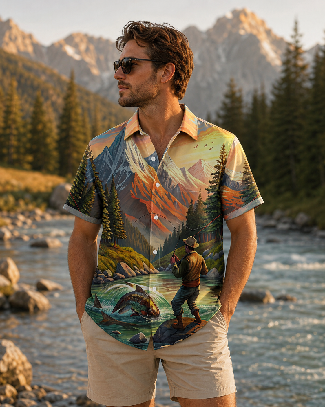 Mountain River Fly Fishing Scenic Men's Hawaiian Shirt