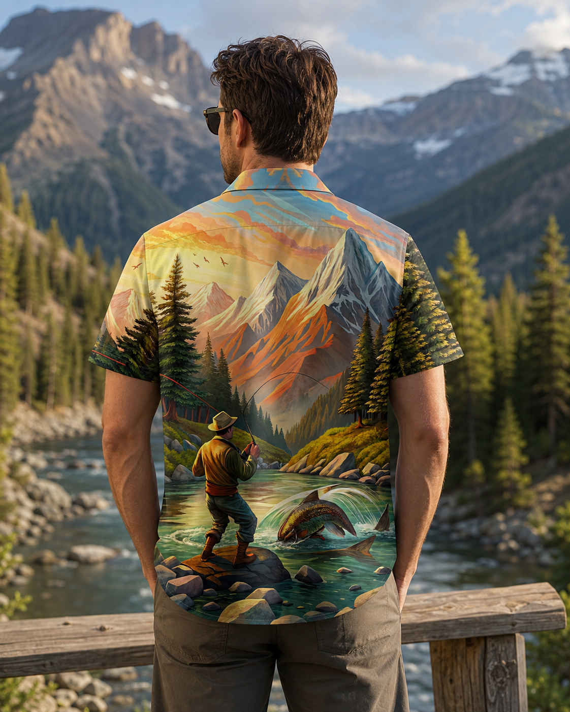 Mountain River Fly Fishing Scenic Men's Hawaiian Shirt