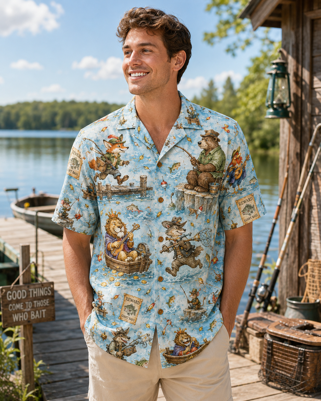 Watercolor Animal Fox Bear Lion Fishing Adventure Shirt
