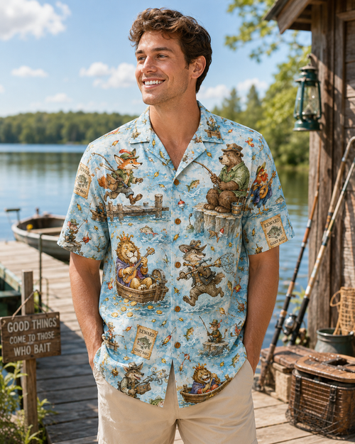 Watercolor Animal Fox Bear Lion Fishing Adventure Shirt