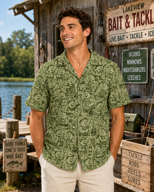 Green Retro Cartoon Fisherman Comic Strip Camp Shirt