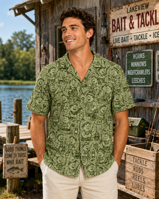 Green Retro Cartoon Fisherman Comic Strip Camp Shirt