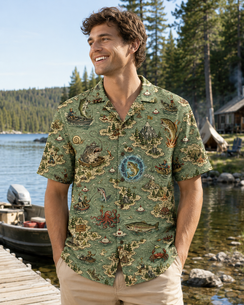 Green Fantasy Map Fisherman Bass Octopus Camp Shirt