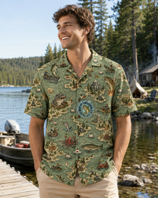 Green Fantasy Map Fisherman Bass Octopus Camp Shirt