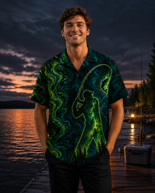 Neon Green Galaxy Fisherman Silhouette Swirl Camp Shirt