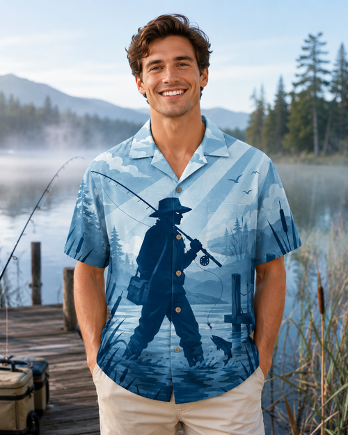 Blue Monochrome Fly Fisherman Lake Silhouette Camp Shirt